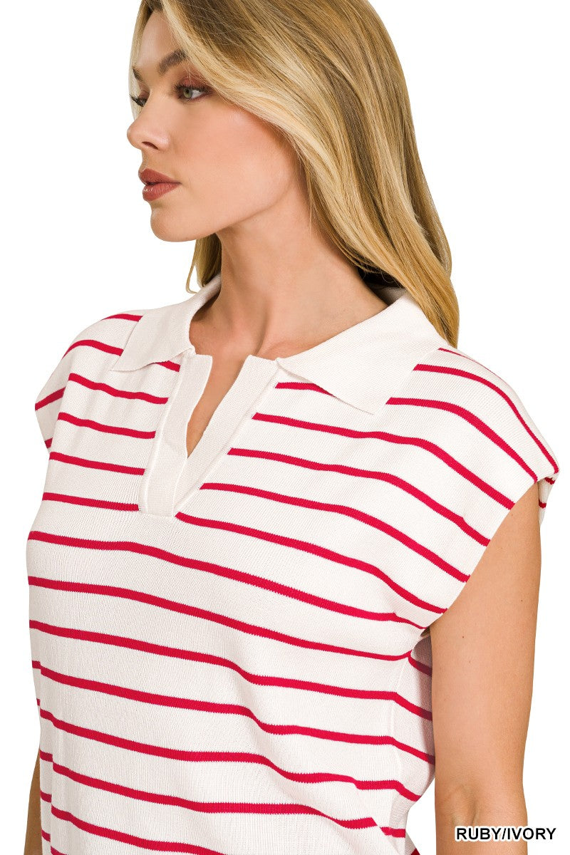 Zenana Viscose Striped Collared Sweater Vest