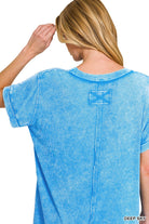 Zenana Deep Sky Washed Ribbed Cuffed Short Sleeve Round Neck Top