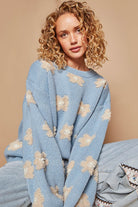 POL Cornflower Blue Daisy Pattern Drop Shoulder Oversized Sweater Cornflower Blue Trendsi