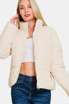 Zenana Cream Zip Up Turtleneck Puffer Jacket with Pockets Trendsi