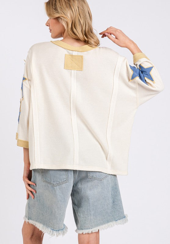 SAGE + FIG Ivory Star Patch Side Slit Round Neck Top