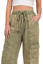 Zenana Light Olive Washed Linen Elastic Band Waist Cargo Pants