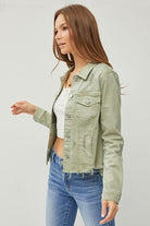 RISEN Sage Raw Hem Button Up Cropped Denim Jacket