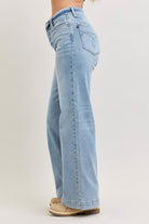 Judy Blue Light Washed Mid Rise Retro Wide Leg Jeans with Fold-over Waistband