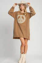 Umgee Caramel Peace Lace Applique Frayed Hem French Terry Mini Dress Dresses