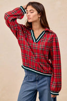 BiBi Christmas Red Plaid Collared Top with Ruffled Detail