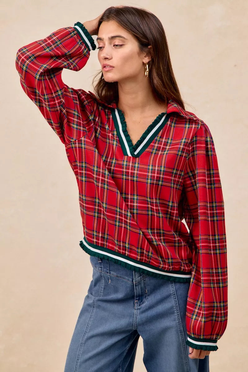 BiBi Christmas Red Plaid Collared Top with Ruffled Detail