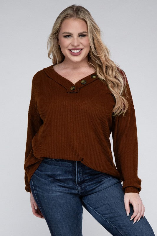 Zenana Plus Brushed Waffle V-Neck Button Detail Sweater ZENANA