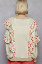POL Powder Cream Round Neck Sweater with Floral Ruffle Detail