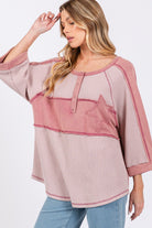 SAGE + FIG Mauve Star Applique Patch Exposed Seam Waffle Knit Top Trendsi