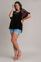 Umgee Black Velvet Embroidery Short Sleeve Blouse Shirts & Tops