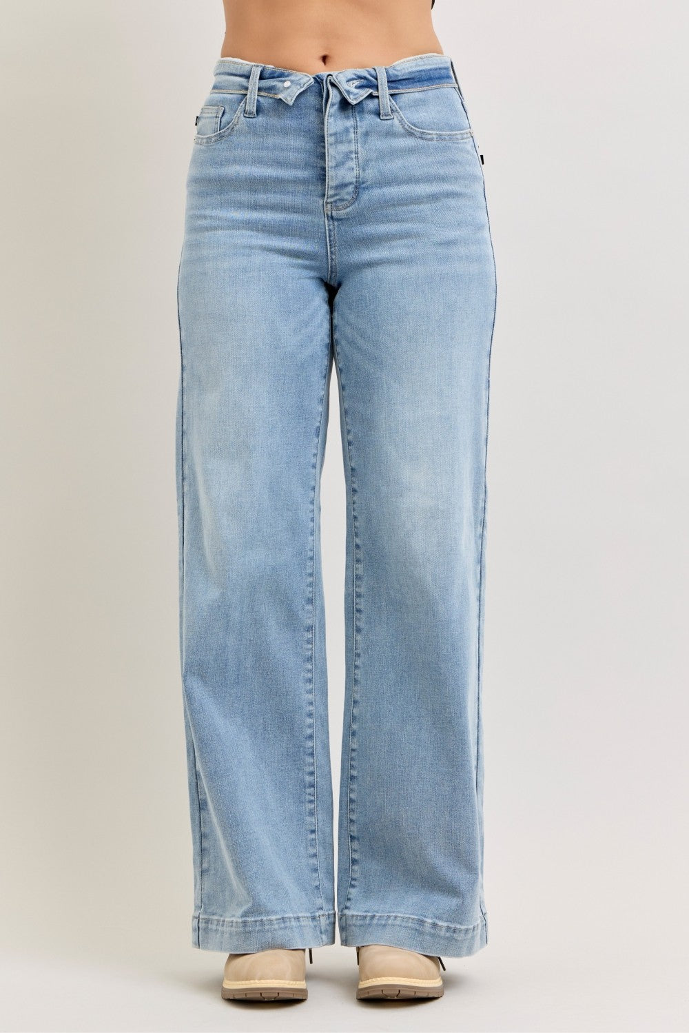 Judy Blue Light Washed Mid Rise Retro Wide Leg Jeans with Fold-over Waistband LT