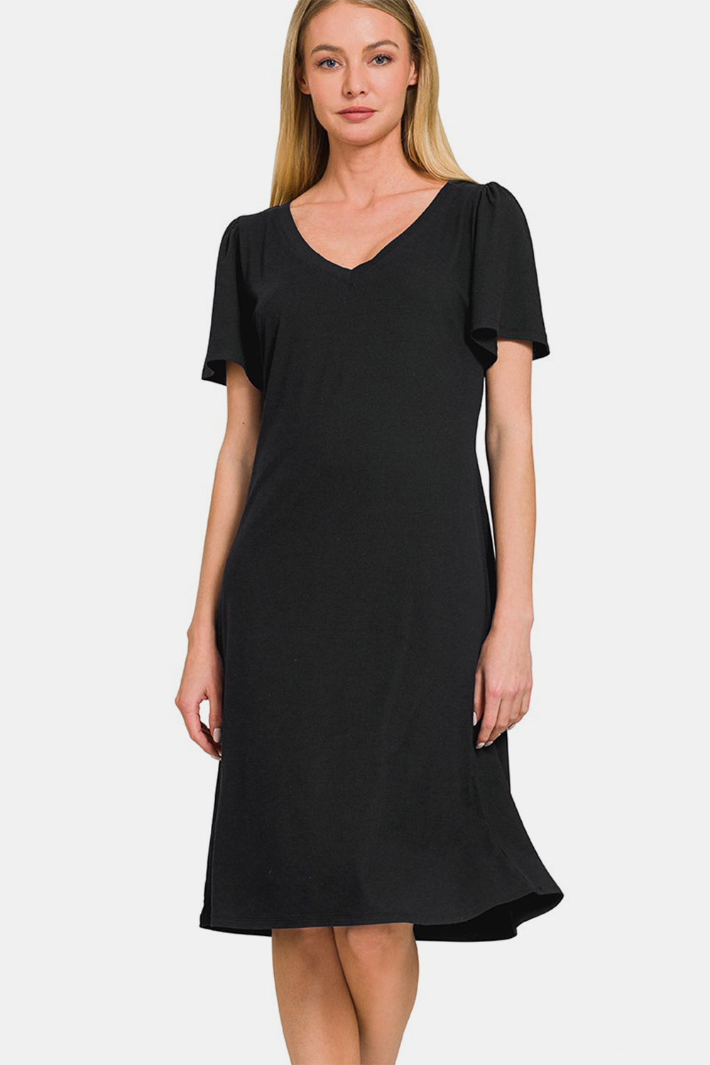 Zenana Black V-Neck Short Sleeve Dress Black Trendsi