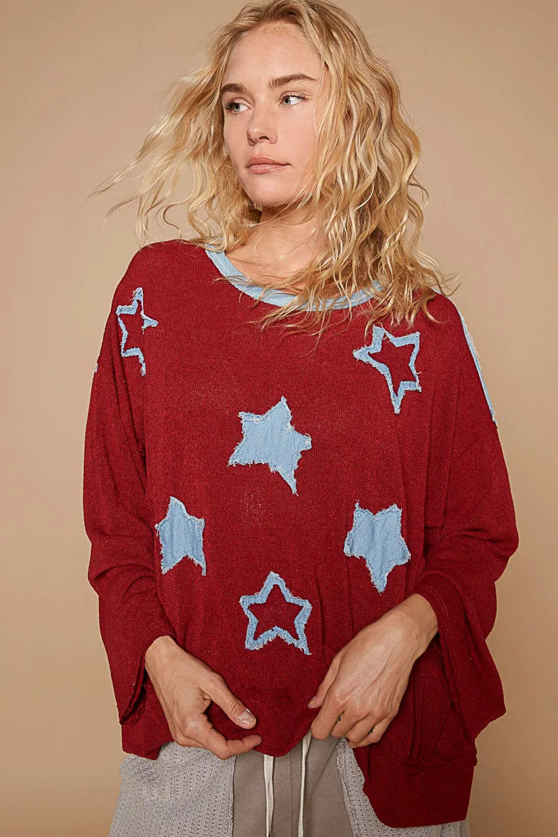 POL Dark Red Exposed Seam Relaxed Fit Sweater with Star Denim Patches