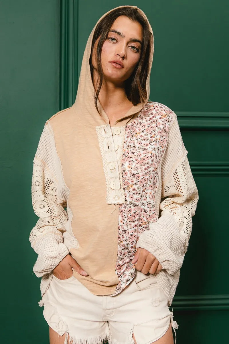 BiBi Taupe Slub Jersey with Lace Combo Buttoned Hoodie Top TAUPE