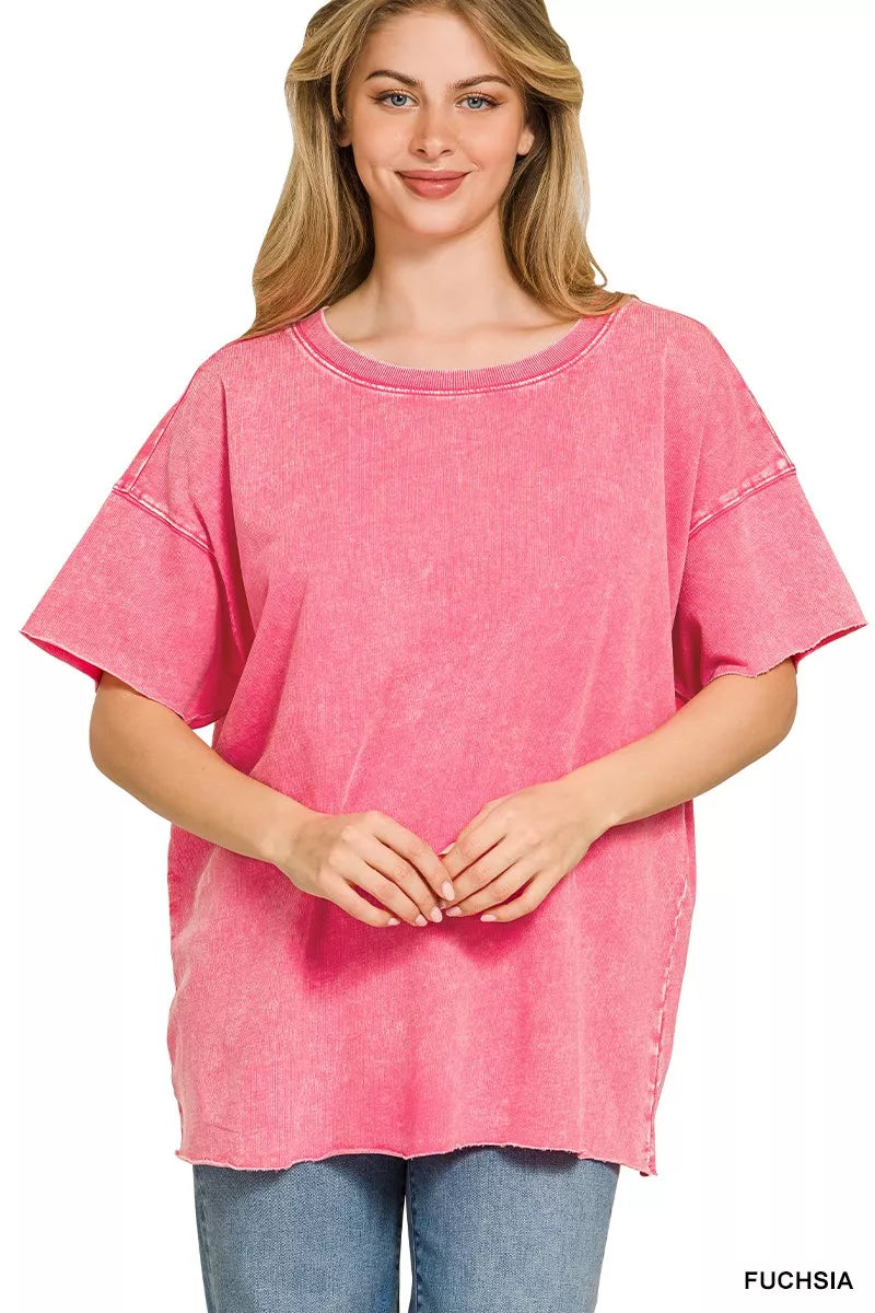 Zenana Fuchsia Acid Wash French Terry Drop Shoulder Raw Edge Top FUCHSIA