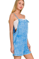 Zenana Deep Sky Washed Linen Knot Strap Romper