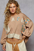 POL Mocha Peace Contrast Patch Floral Long Sleeve Hoodie Tan