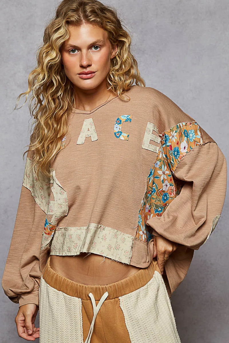 POL Mocha Peace Contrast Patch Floral Long Sleeve Hoodie Tan