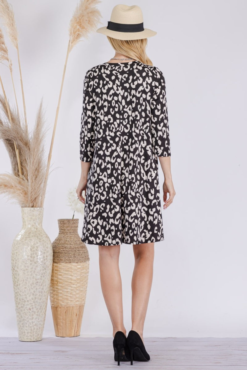 Celeste Black & Leopard Three-Quarter Sleeve Dress with Pockets Trendsi