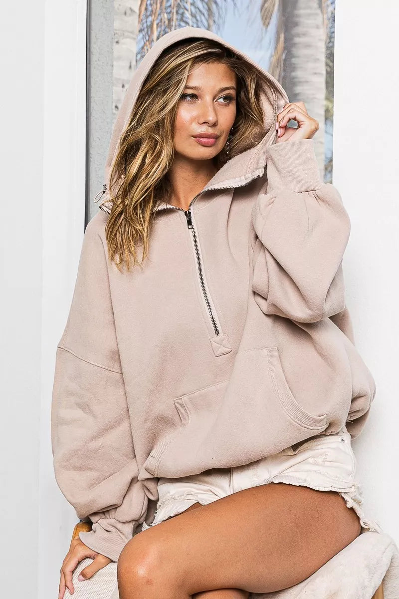 BiBi Taupe Stitch Detailed Elastic Hem Half Zip Fleece Hoodie