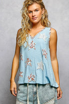 POL Powder Blue Washed Ribbed V-Neck Tank with Floral Print Star Patch POWDER BLUE