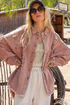 POL Button Down Raw Hem Distressed Shacket Powder Brick