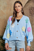 ADORA Light Blue Flower Button Down Lantern Sleeve Cardigan Lt Blue