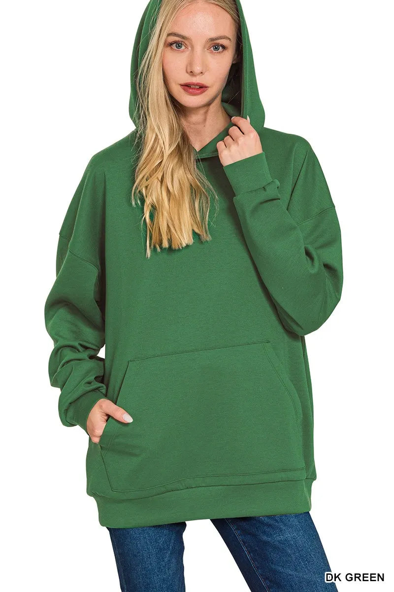 Zenana Dark Green Oversized Scuba Hoodie with Kangaroo Pocket