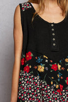 POL Black Round Neck Ribbed Tank with Woven Print Patch