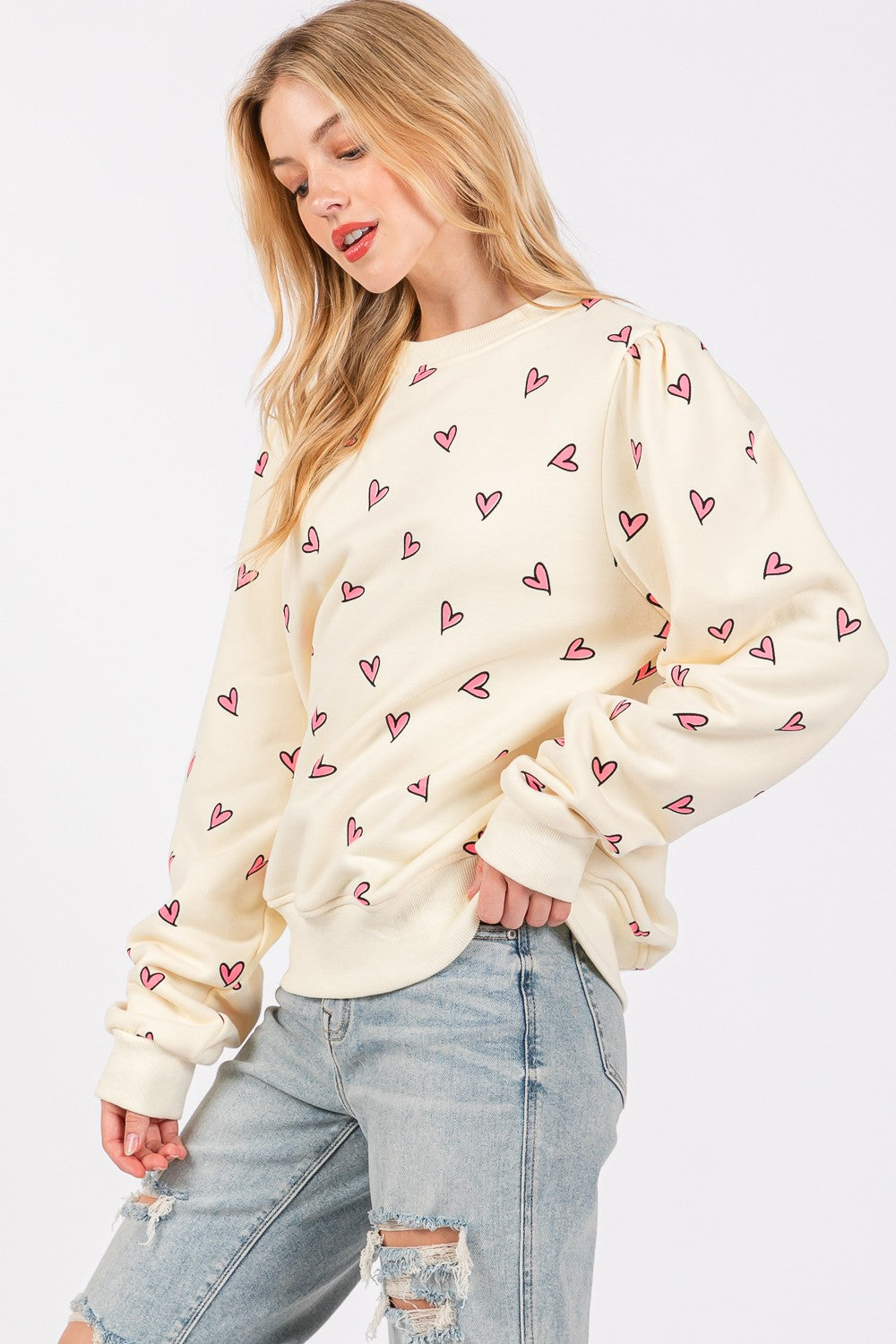 SAGE + FIG Cream Heart Printed Contrast Long Sleeve Sweatshirt