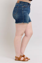 Judy Blue Dark Washed Tummy Control Fray Hem & Shield Back Pockets Denim Shorts