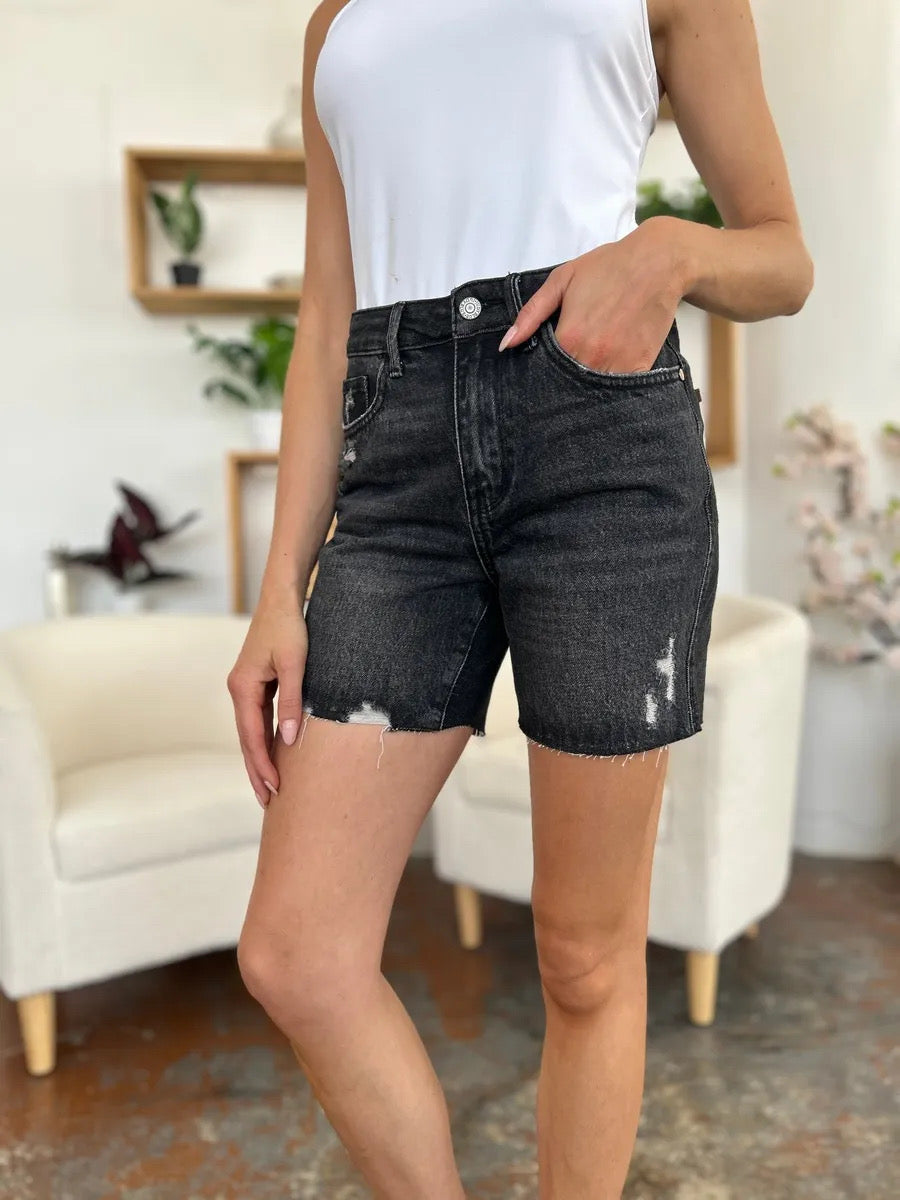 Judy Blue Washed Black High Rigid Front Denim Shorts Trendsi