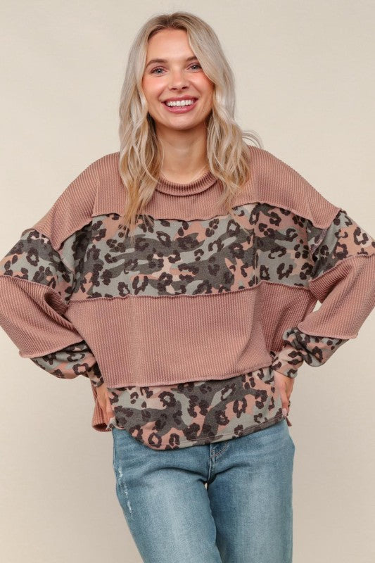 Haptics Taupe & Olive Soft Camo/Leopard Knit Top