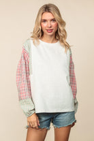 Haptics Solid Pullover Knit Top with Plaid Sleeves – Light Grey/Sage/Pink
