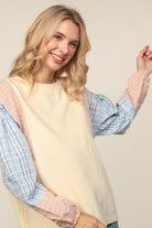 Haptics Solid Pullover Knit Top with Plaid Sleeves – Oatmeal/Blush/Blue