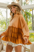 BiBi Light Olive French Terry and Woven Mixed Tiered Top