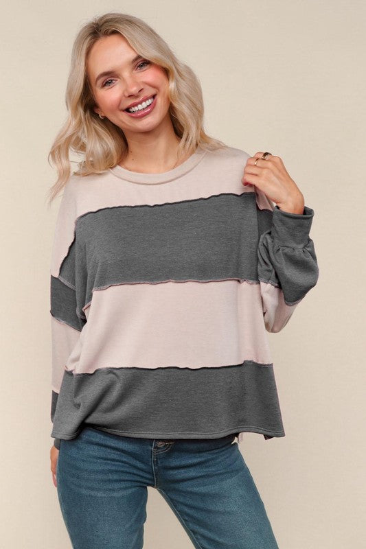 Haptics Latte & Charcoal Color Block Loose Fit Knit Pullover
