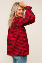 Haptics Red Frilled Mock Neck Gingham Check Woven Blouse