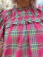 Haptics Fuchsia Plaid Shirred Yoke Flutter Sleeve Top Haptics