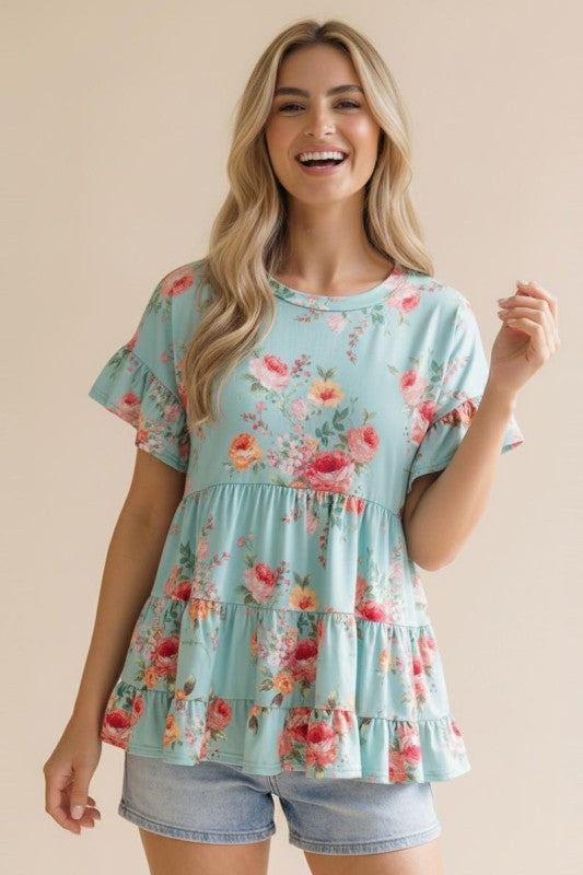 Haptics Frill Hem Babydoll Swing Floral Knit Top – Mint
