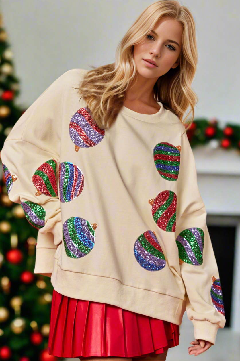 Preorder Double Take Christmas Element Sequin Round Neck Long Sleeve Sweatshirt Cream Trendsi