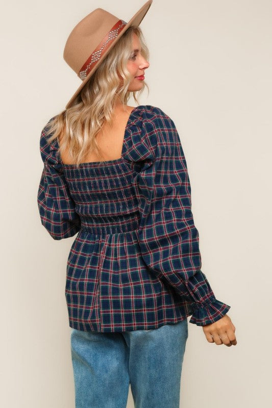 Haptics Navy & Hunter Green Smocking V-Neck Babydoll Plaid Woven Top