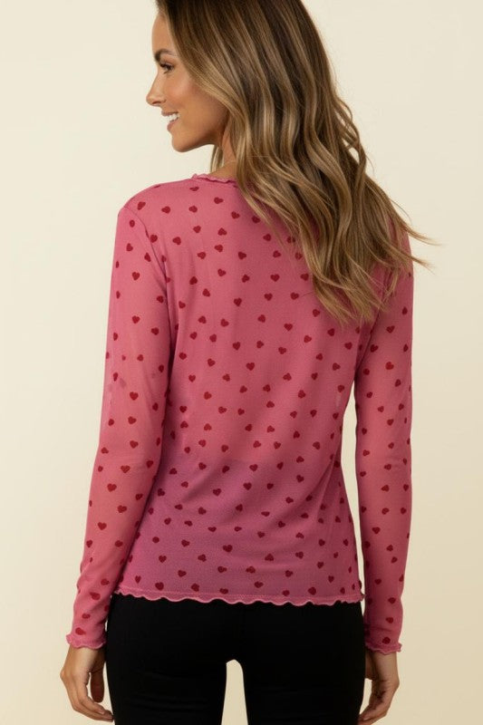 Haptics Heart Print Mesh Long Sleeve Semi-Sheer Top – Pink/Red
