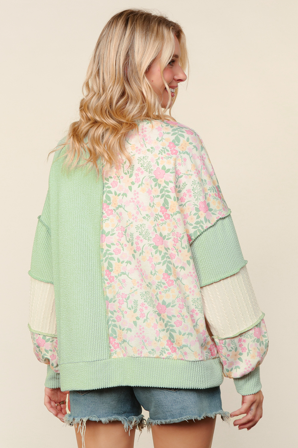 Haptics Mint Round Neck Bubble Long Sleeve Rib Cable Knit Floral Print French Terry Color Block Patchwork Pullover Knit Top