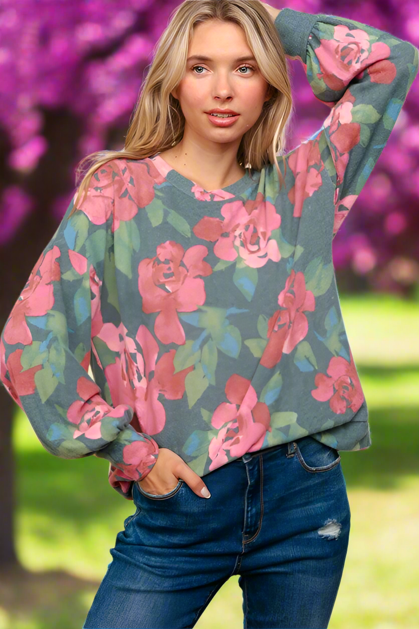 Haptics Hunter Green Floral Brushed Hacci Sweater Top Haptics