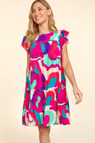 Haptics Go For Fun Fuchsia Geo Print Tiered Ruffle Sleeve Woven Dress