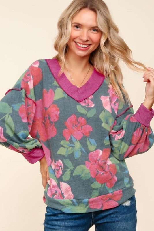 Haptics Beautiful You Vintage Teal Floral Print V Neck Hacci Knit Sweater Haptics