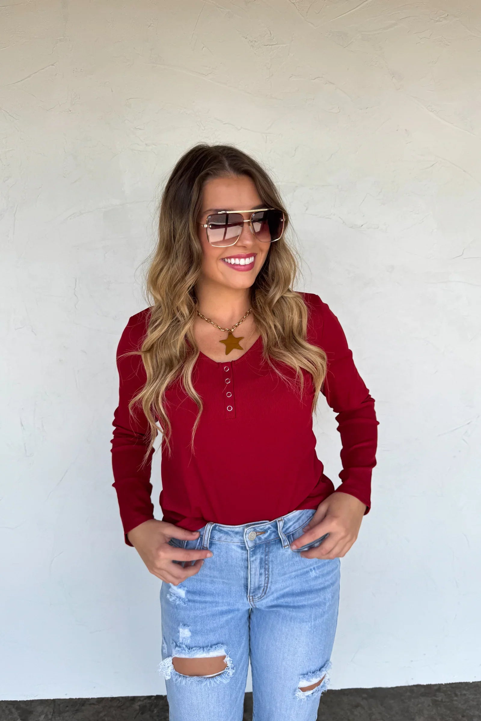 PREORDER: Blakeley Fall Brooklyn Snap Henley Top Rusty Red Womens