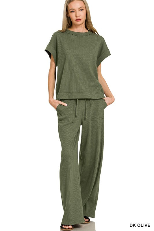 Zenana Black Ribbed Short Sleeve Tee and Pants Set
